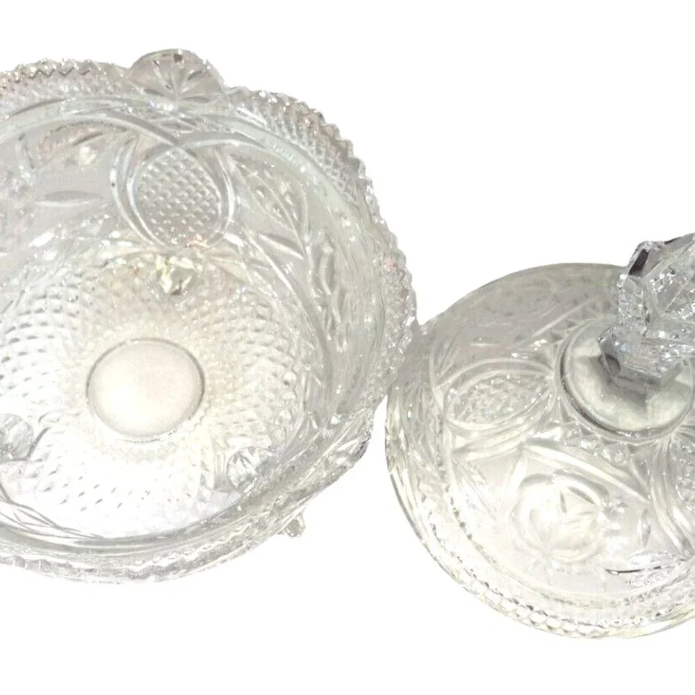 Vintage Cut Glass Bowl w/ Lid Footed Floral Design Sawtooth Rim Elegant EUC